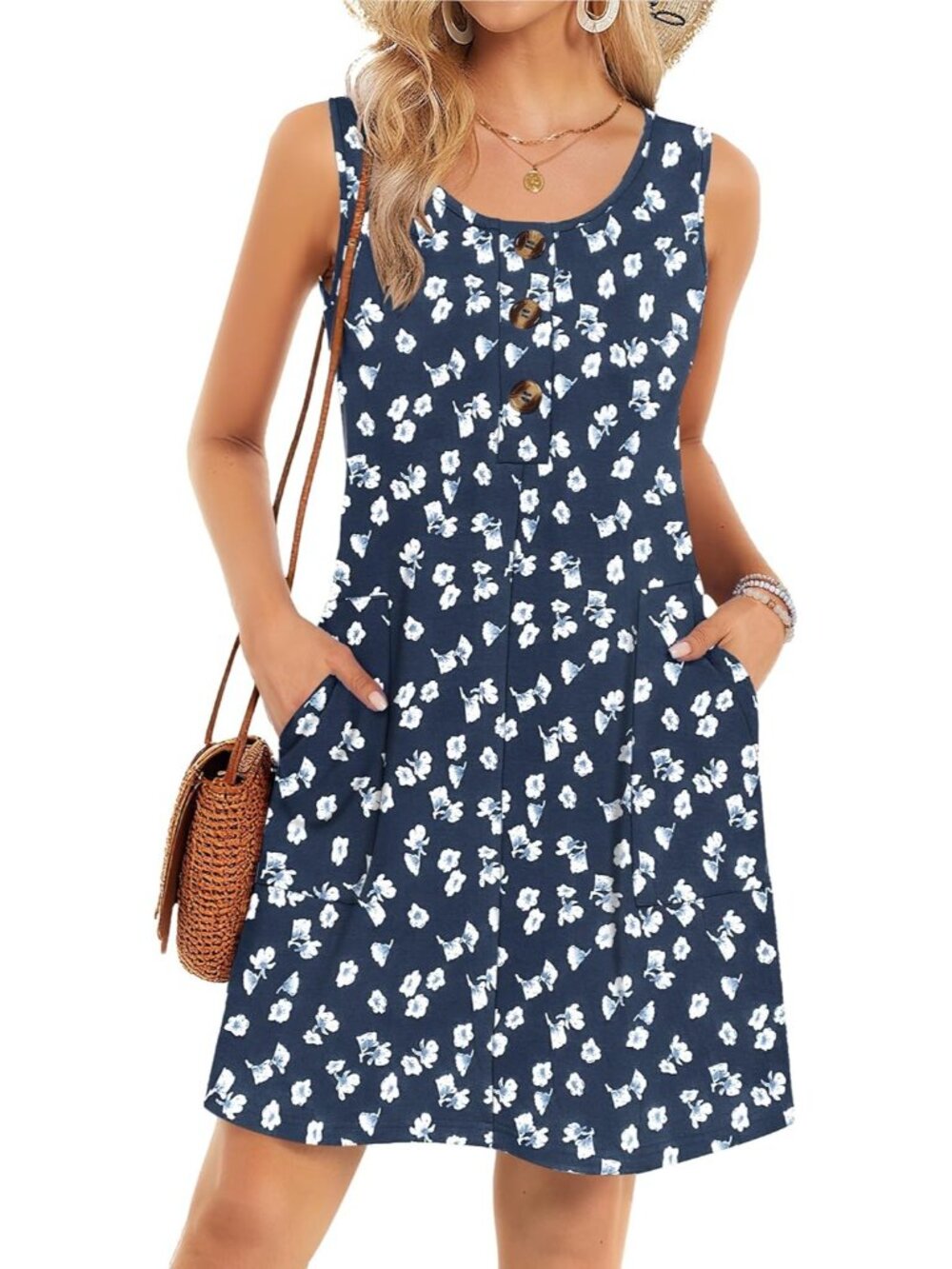 Women's Flower Summer Dress Sleeveless Casual Crewneck Beach Cover Up Mini Dress